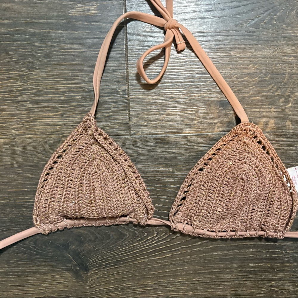 Crochet Triangle Bikini Top in Pink and Gold
